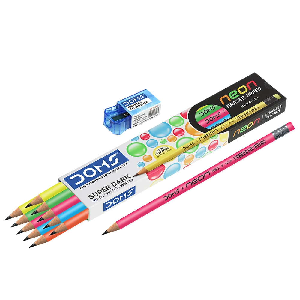 Doms Neon Eraser Tipped (Pack of 10 ) Pencil Box